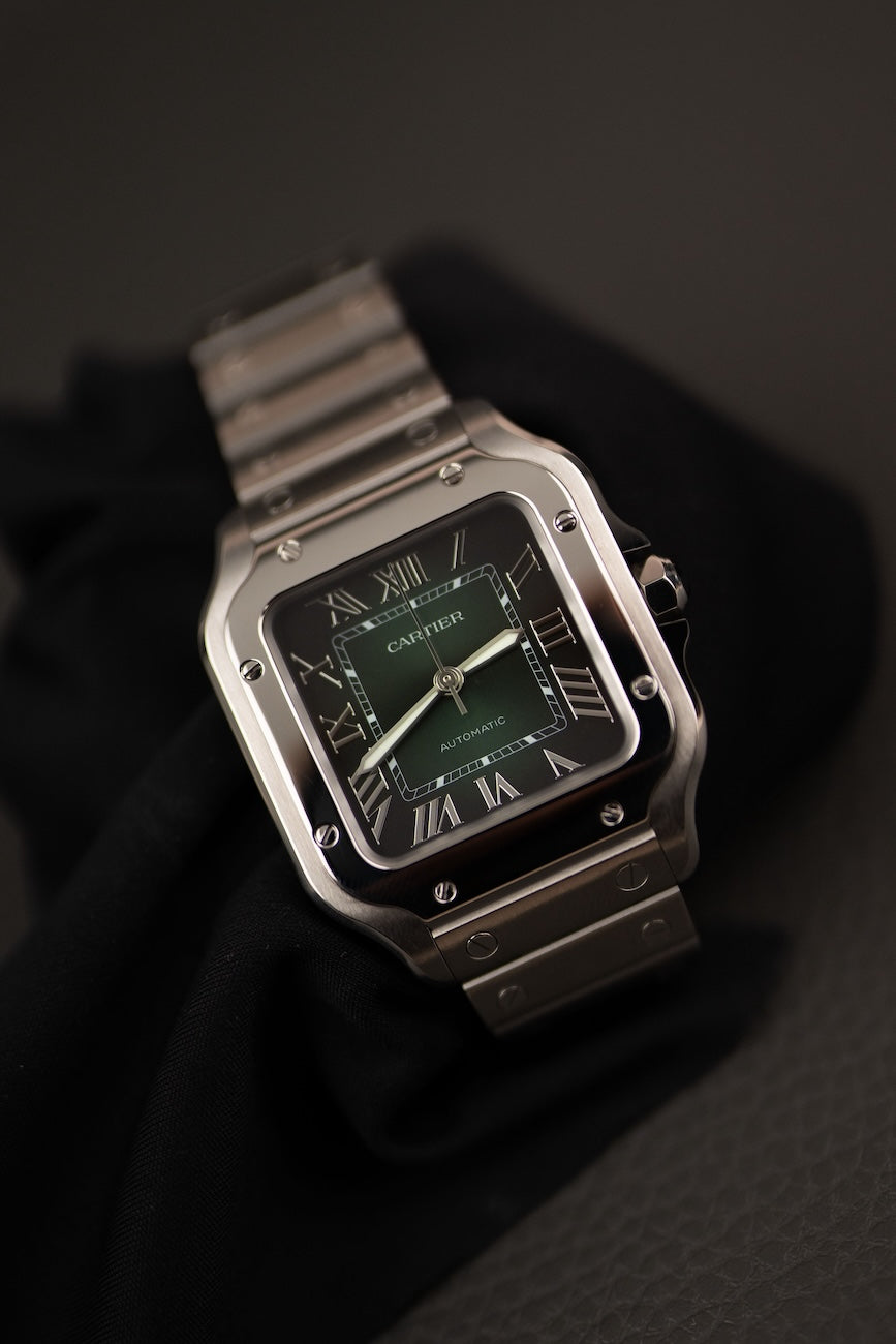 Cartier Santos WSSA0061 Box + og. Papiere Green Dial, First Buyer's Invoice, German Delivered