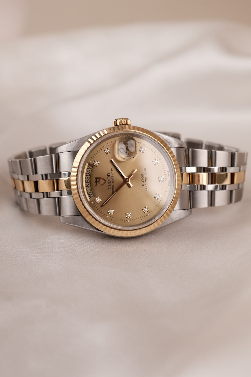 Tudor Prince Date Day, S/G, Champagne Diamond Dial, Fluted Bezel 76213 Original Papiere Serviced