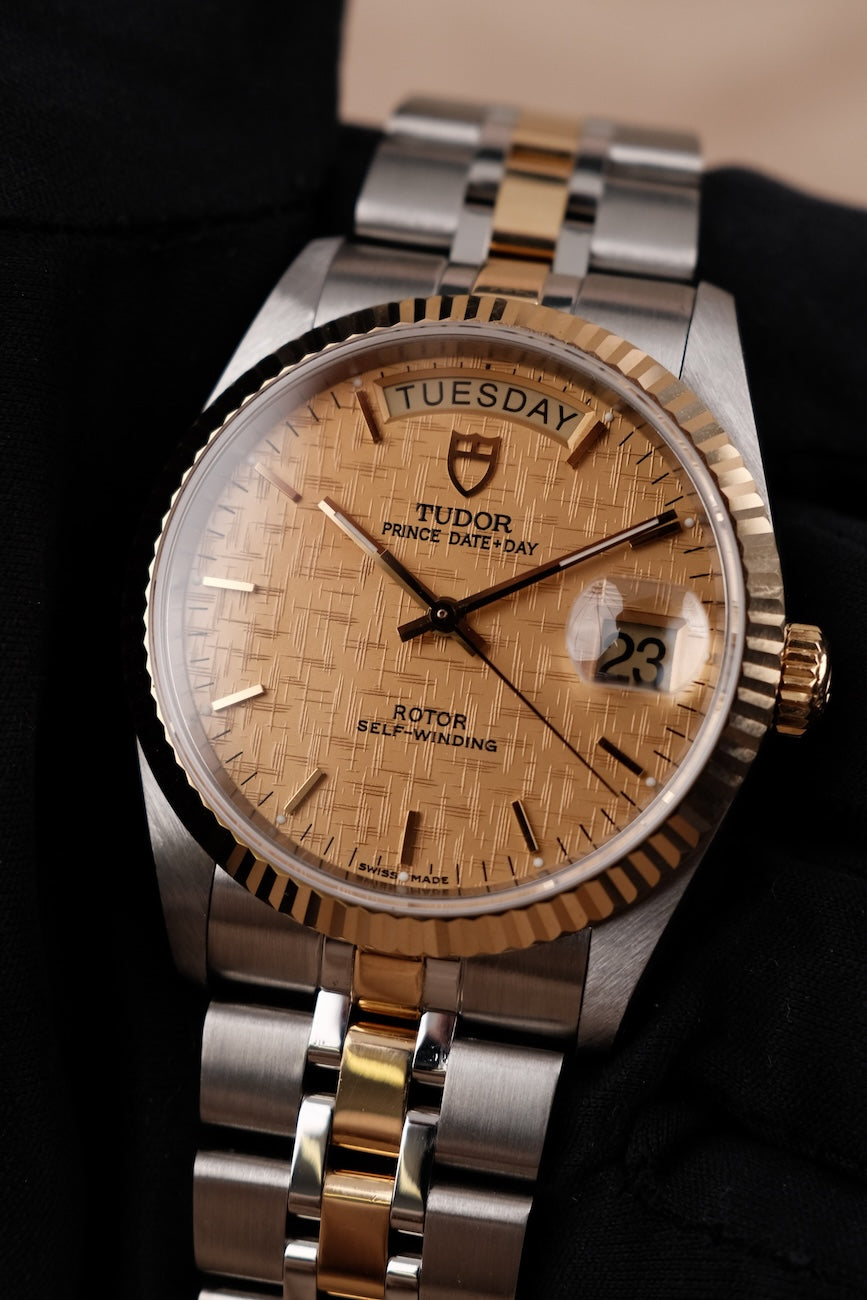 Tudor Prince Date Day 76213 Original Papiere S/G, Champagne Stick Dial, Fluted Bezel, Serviced