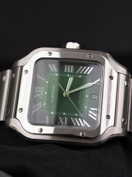 Cartier Santos Large WSSA0062 Box + og. Papiere Green Dial, 99% New, First Buyer's Invoice, German Delivered