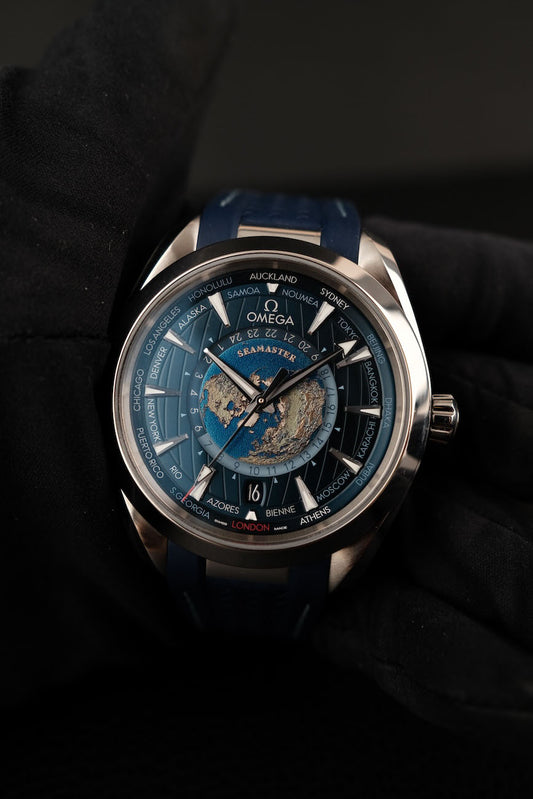 Omega Seamaster Aqua Terra Worldtimer GMT 22012432203001 Box + og. Papiere German Delivered, First Buyer's Invoice