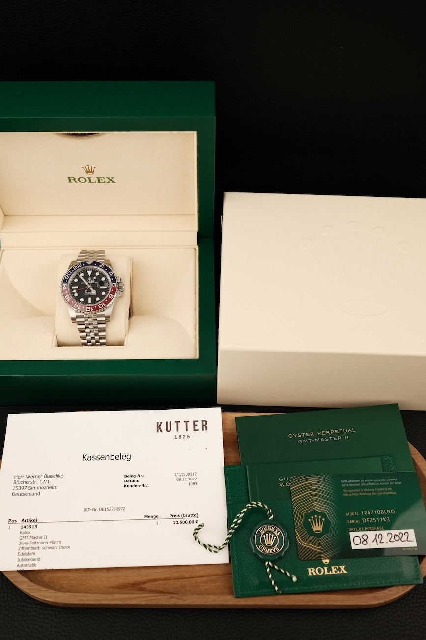 Rolex GMT-Master II "Pepsi" 126710BLRO Box + og. Papiere Jubilee, LC100, New, First Buyer's Invoice