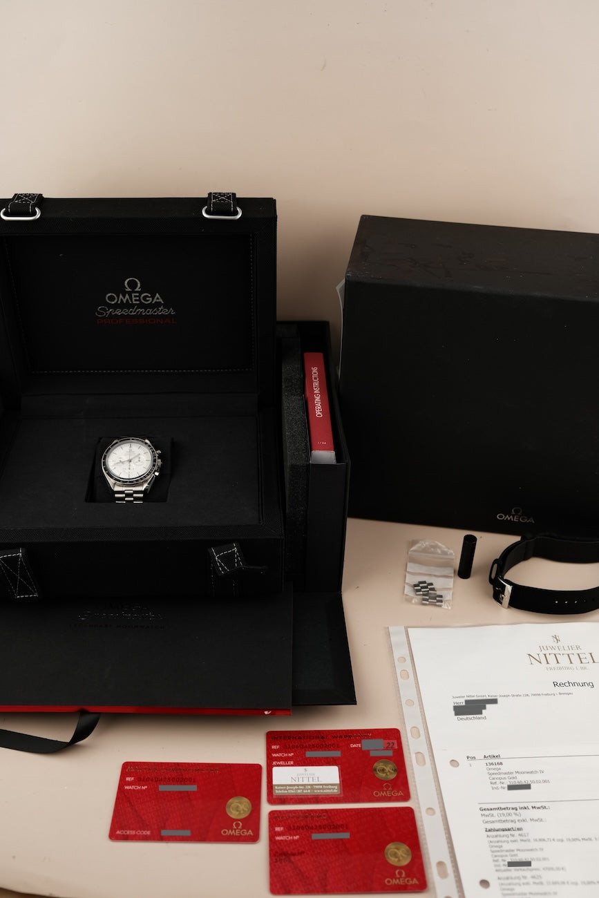 Omega Speedmaster Moonwatch Canopus Gold 31060425002001 Box + og. Papiere German Delivered, First Buyer's Invoice