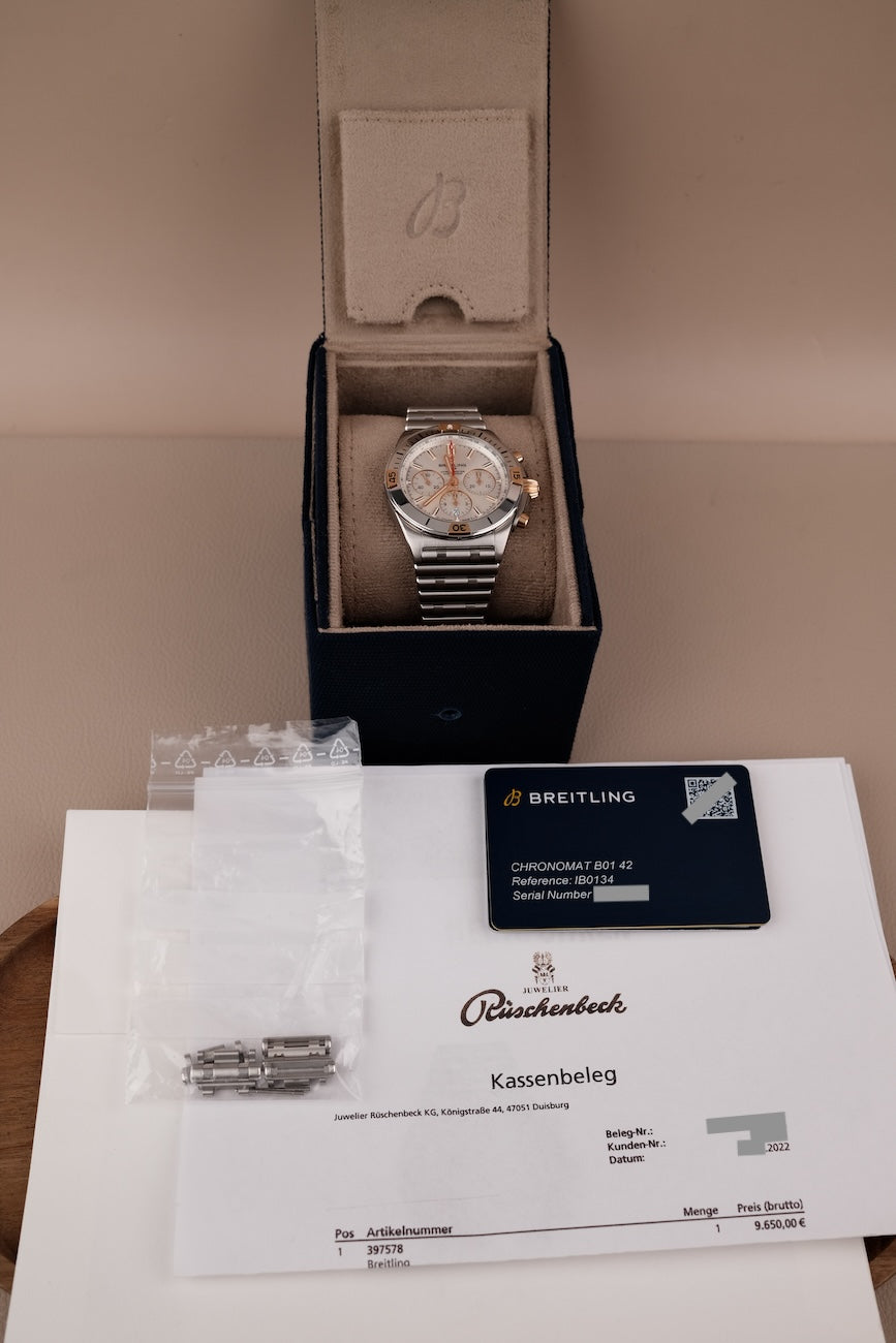 Breitling Chronomat B01 42 IB0134101G1A1 Box + og. Papiere Silver Dial, First Buyer's Invoice, German Delivered