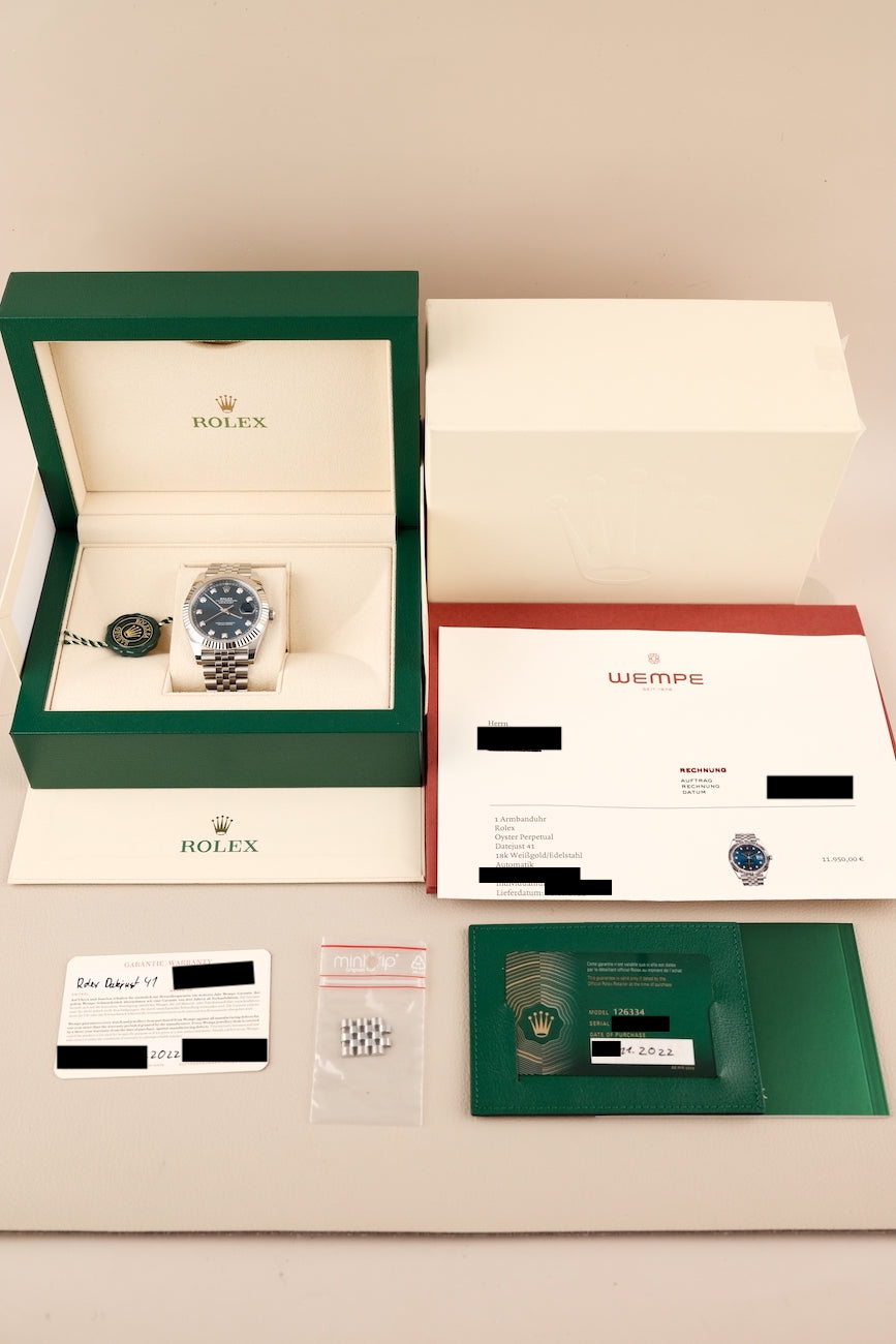 Rolex Datejust 41 126334 Box + og. Papiere Blue Diamond Dial, First Buyer's Invoice, LC100