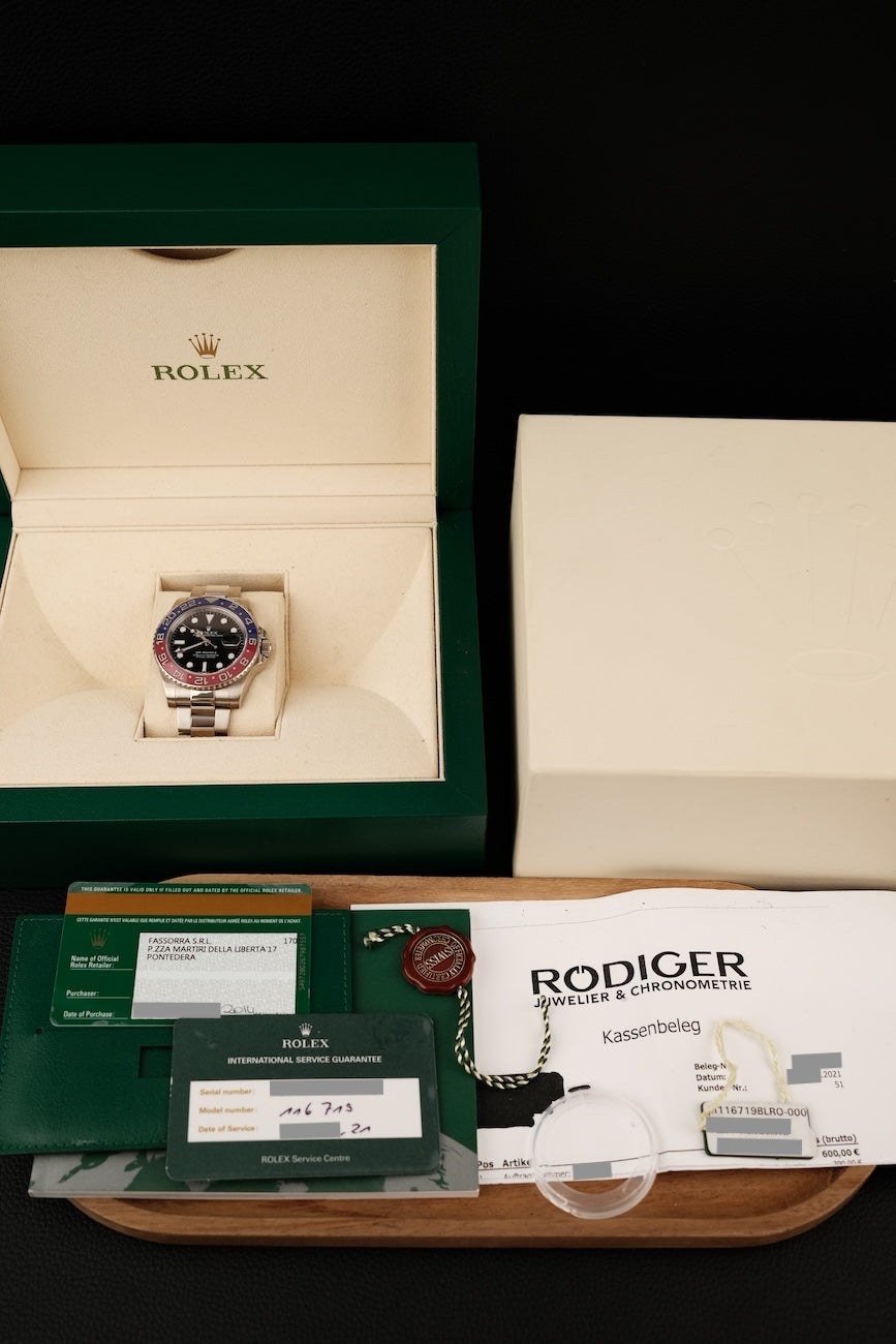 Rolex GMT-Master II Whitegold 116719BLRO Box + og. Papiere PEPSI Rolex Service Black Dial Oyster