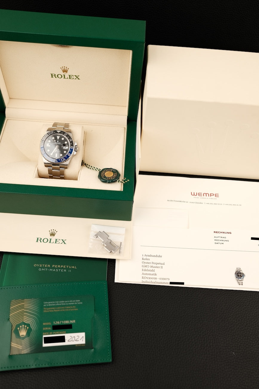 Rolex GMT-Master II "Batman" 126710BLNR Box + og. Papiere LC100, First Buyer's Invoice