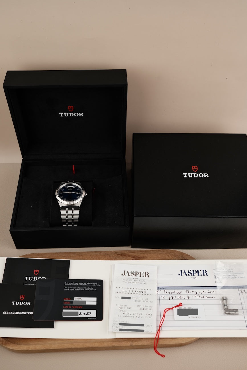 Tudor Royal 28600 Box + og. Papiere Blue Dial, First Buyer's Invoice, German Delivered