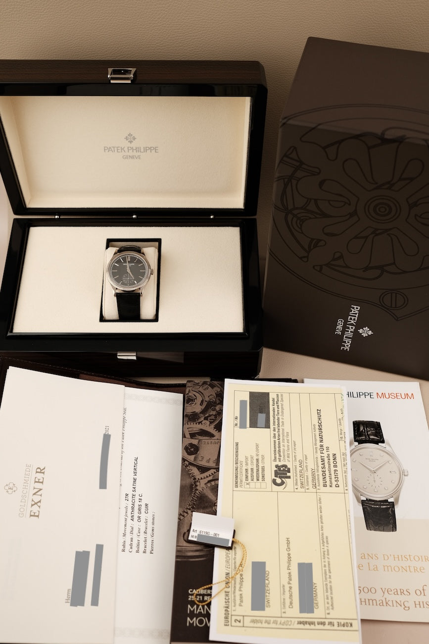 Patek Philippe Calatrava 6119G-001 Box + og. Papiere White Gold, First Buyer's Invoice, German Delivered