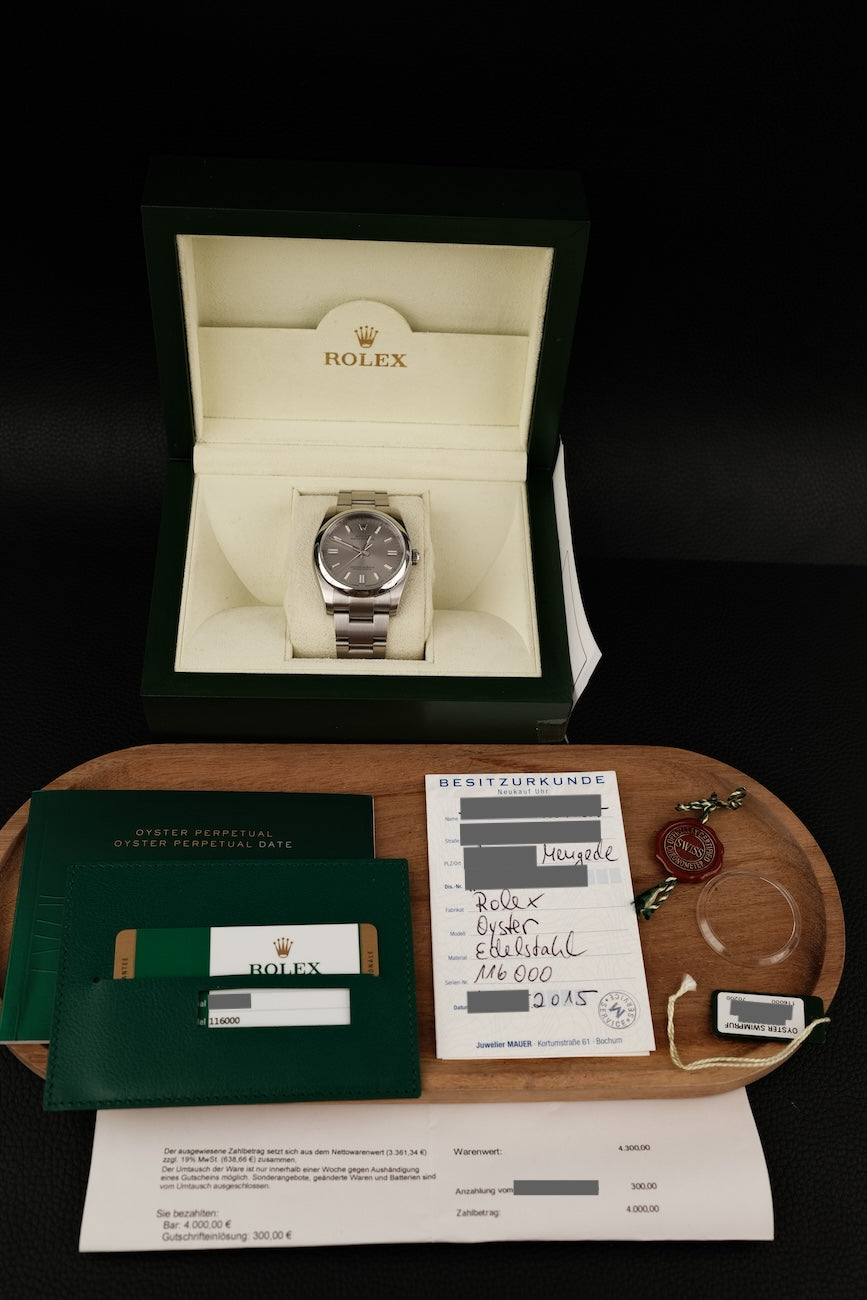 Rolex Oyster Perpetual 36 116000 Box + og. Papiere Silver Stick Dial, LC100, First Buyer's Invoice