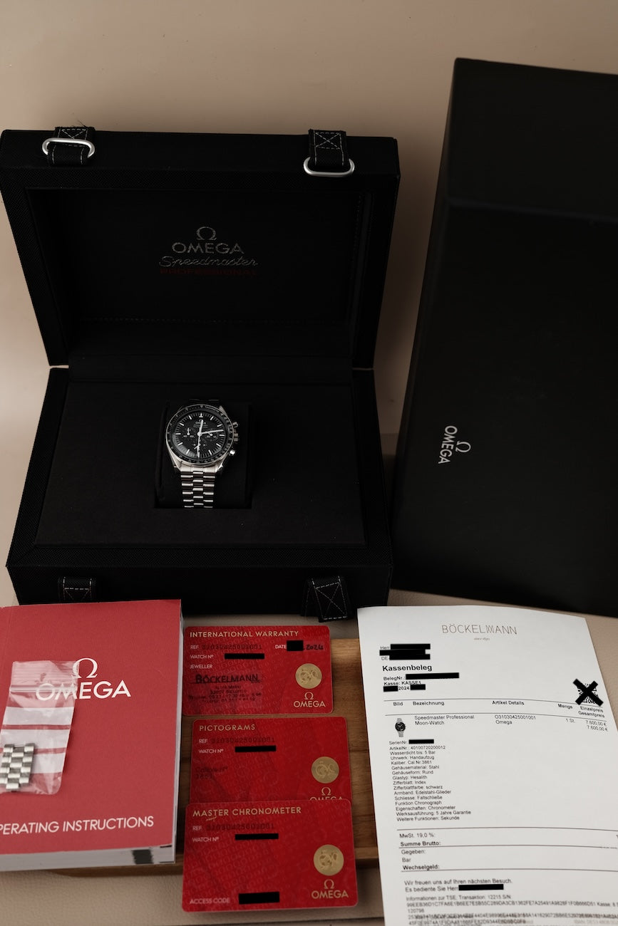 Omega Speedmaster Professional Moonwatch 31030425001001 Box + og. Papiere German Delivered, First Buyer's Invoice