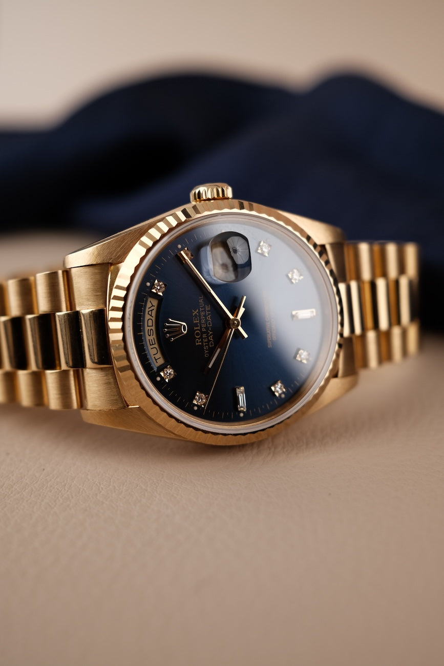 Rolex Day Date 36mm 18238 Box + og. Papiere Yellow Gold, Blue Dia Dial