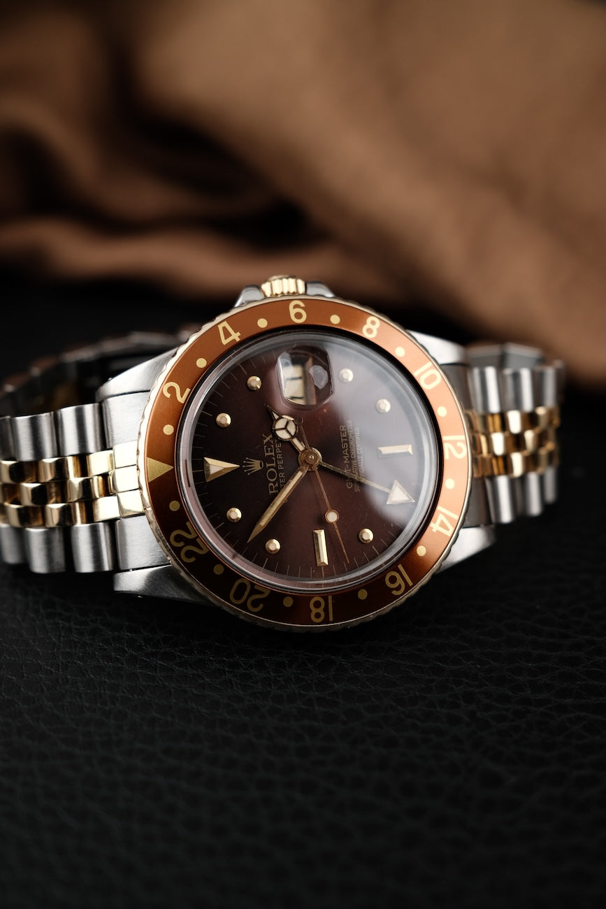 Rolex GMT-Master Rootbeer 16753 Box Nipple Tritium Dial Tiger Eye Jubilee